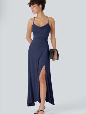 HALARA Ribbed Cowl Neck Backless Crisscross Lace Up Split Midi Party Dress